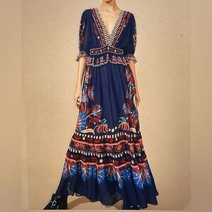 Farm Rio dress maxi NWT sz XL “Blue Nature Beauty” short sleeve
